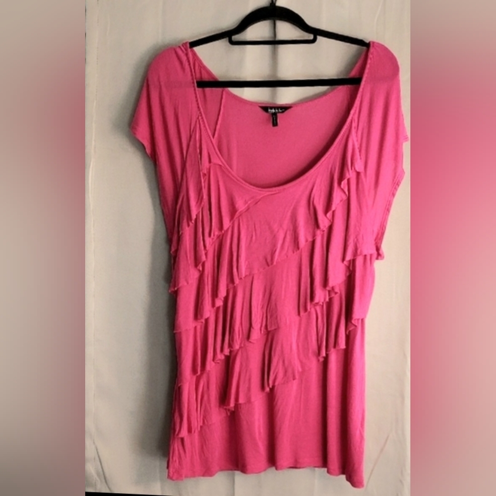 Nicole Miller Top, Sz XL, Berry Pink, Short Sleeves, Lightweight Knit Ruffles